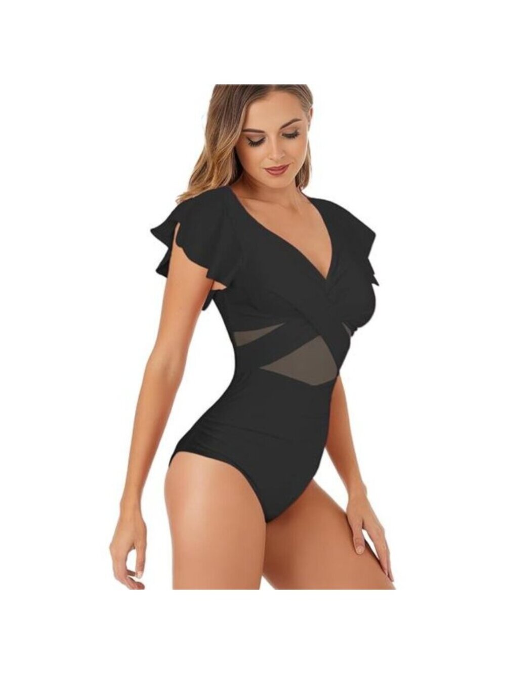 Women's One Piece Swimsuits Tummy Control Ruffle Sleeve Mesh Swimsuit - Picture 2 of 7